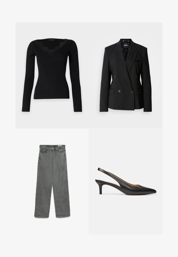 Musta tuplarivinen bleiseri, joka on valmistettu sileästä kankaasta. Siinä on kauluksessa lovet, kaksi etutaskua ja huomaamattomat napit kiinnitystä varten.; Musta pitkähihainen ribbikuvioitu paita, jossa on V-kaula-aukko ja pitsikoristeet. Kankaan tekstuuri näyttää sileältä ja istuvalta, mikä sopii kerroksellisiin asukokonaisuuksiin.; Harvavyksiset harmaat farkut suoranlahkeisella leikkauksella, napilla ja vetoketjulla suljettava, vyölenkit sekä etu- ja takataskut.; Musta nahkainen slingback-kiiltonilkkuri, jossa on terävä kärki ja matala kitten-korko, kuvattuna sivulta valkoisella yksivärisellä taustalla.