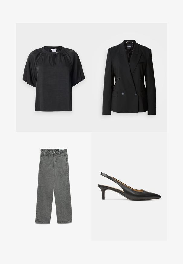 Černé dvouřadé sako vyrobené z hladké tkaniny, s klopovým límcem, dvěma předními kapsami a decentními knoflíky na zapínání.; Černý krátký rukáv top vyrobený z lehkého materiálu, s kulatým výstřihem, nařasenými detaily a malou knoflíkovou ozdobou na límci.; Šedé džíny s vysokým pasem, rovný střih nohavic, zapínání na knoflík a zip, poutka na opasek a přední a zadní kapsy.; Černý kožený slingback střevíc s špičatou špičkou a nízkým jehlovým podpatkem, zobrazený z boku na čistě bílém pozadí.
