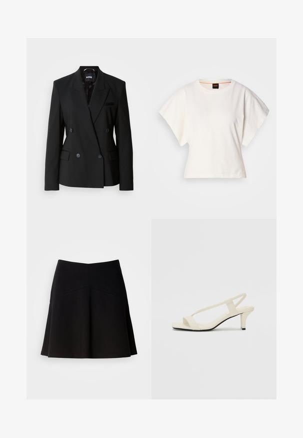 Blazer noir à double boutonnage en tissu lisse, avec un col cranté, deux poches avant et des boutons discrets pour la fermeture.; T-shirt blanc cintré, manches courtes et larges, en coton doux, décolleté rond avec une discrète bordure orange, design minimaliste, sans motifs ni graphiques.; Jupe noire évasée en tissu doux, avec une taille ajustée et des coutures décoratives. Texture lisse avec un design simple et classique.; Sandales beiges à talons carrés avec des fines brides et un bout carré. Matière lisse avec des détails minimaux, conçues pour un port facile.