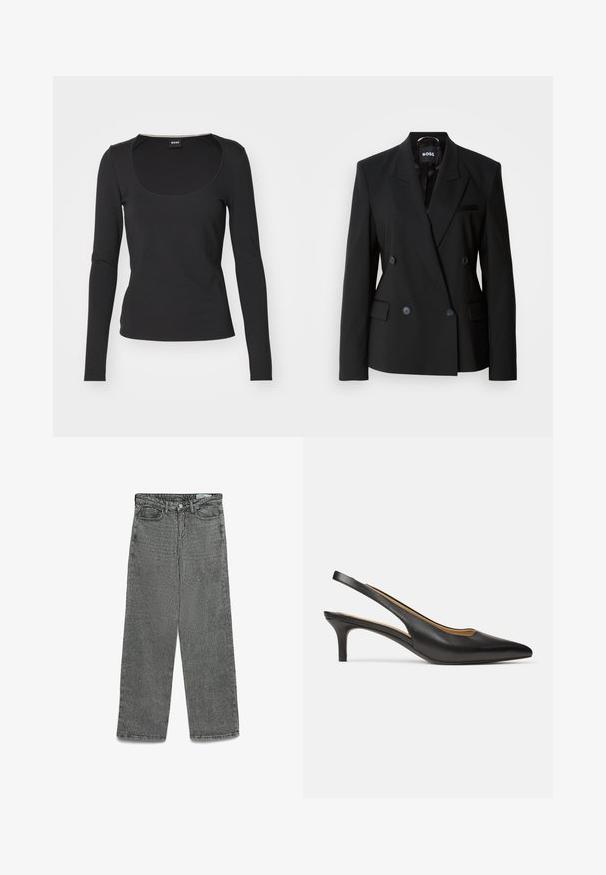 Melnā dubultā krūšu žakete, izgatavota no gludas auduma, ar iegrieztu apkakli, divām priekšējām kabatām un diskrētām pogām aizdarei.; BOSS ECETA - Tops ar garām piedurknēm - black; Augsta vidukļa pelēkie džinsi ar taisnu kāju griezumu, pogu un rāvējslēdzēja aizdari, jostas cilpām, priekšējiem un aizmugurējiem kabatām.; Melna ādas slingbeka papēdis ar smailu purngalu un zemu kaķenītes papēdi, redzams no sāniem uz vienkārša baltā fona.