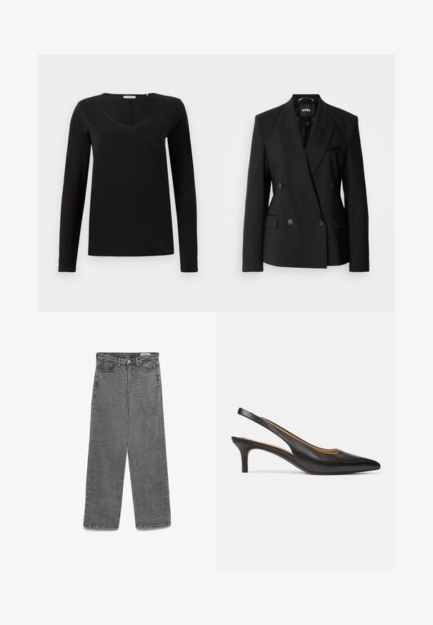 Črn dvoredni blazer iz gladkega materiala, ki ima ovratnik s špicami, dva sprednja žepa in subtilne gumbe za zapiranje.; Črni dolgi rokavi s T-shirto z V-izrezom, izdelano iz mehke tkanine z gladko teksturo. Preprost, klasičen kroj brez okrasnih elementov.; Visoko pasovi sivi kavbojke s ravnim krojem, z gumbom in zadrgo za zapiranje, z obročki za pas ter sprednjimi in zadnjimi žepi.; Črni usnjeni čevlji z zanko na zadnjem delu, s špičasto konico in nizko peto, prikazani od strani na enobarvnem belem ozadju.
