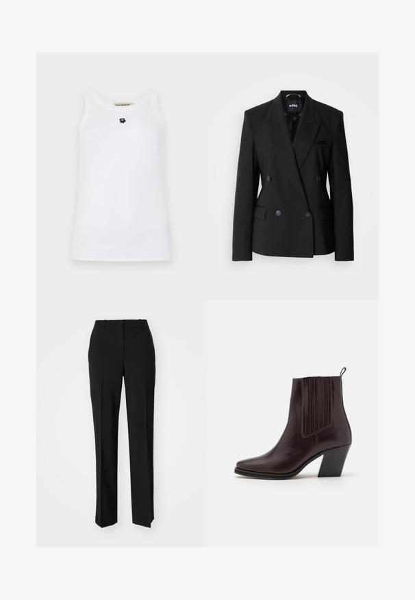 Crni dvoredni sako od glatke tkanine, s rever kragnom, dva prednja džepa i diskretnim dugmadima za zatvaranje.; Bijela bezrukavna majica od pamuka, s okruglom izrezom i malim logotipom crnog medvjedića na središnjem dijelu. Glatka tekstura.; Crne krojene hlače ravnog kroja, s glatkom teksturom i oštrim pregibima naprijed. Bez vidljivih metalnih dijelova.; Tamno smeđe kožne gležnjače s ispicanim vrhom, vertikalnim rebrastim detaljima sa strane i srednje visokim blok petama.