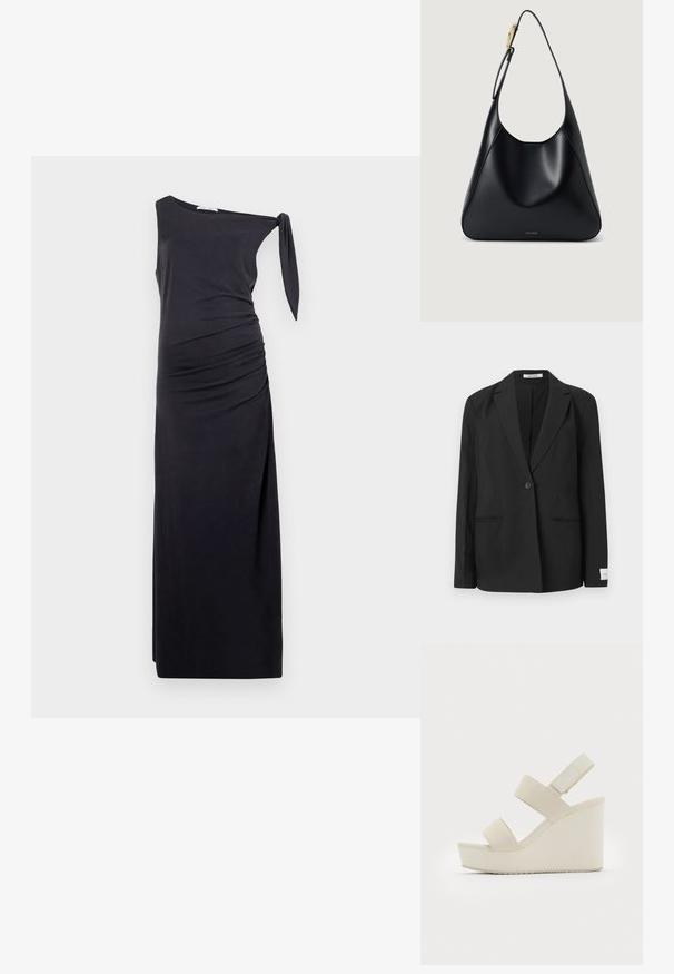 Černý blazer s klopu, jedním knoflíkovým zapínáním, dvěma předními kapsami a obdélníkovou nášivkou na rukávu. Hladká textura látky.; Černé šaty na jedno rameno vyrobené z měkké tkaniny, s bočním řasením a detailem vázání na rameni. Dlouhý a přiléhavý střih.; Béžové klínové sandály se dvěma širokými popruhy a zúženým podpatkem. Vyrobeny z hladké látky s texturovanou podrážkou. Logo je embosováno na podpatku.; Černá kožená kabelka přes rameno se hladkým povrchem, zakřiveným siluetou a zlatým kováním. Na spodní straně je vyražené logo značky.