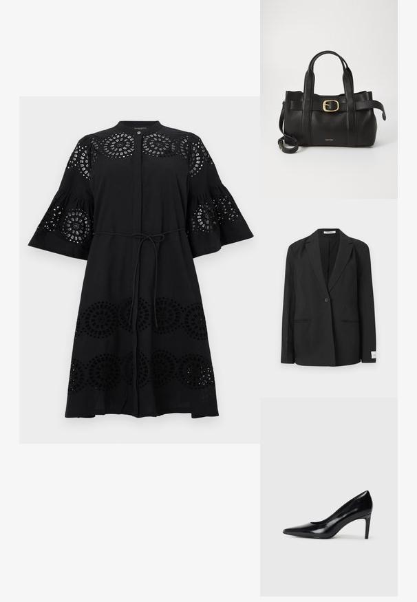 Black blazer with a notched lapel, single button closure, two front pockets, and a rectangular badge on the sleeve. Smooth fabric texture.; Black dress with embroidery details, bell sleeves, and a tie waist. Features circular cutouts and a button front. Made from lightweight fabric.; Black leather high heel shoe with a pointed toe, smooth texture, and a tapered heel. Minimalist design, no additional embellishments.; Black leather handbag featuring a structured design, dual top handles, gold-tone buckle accent, and embossed brand logo at the front.