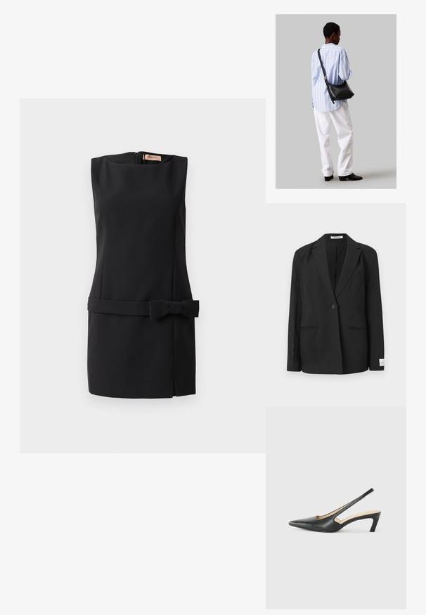 Sort blazer med spids revers, enkelt knaplukning, to forlommer og et rektangulært badge på ærmet. Glat stoftekstur.; Sort ærmeløs kjole i glat stof med en sløjfe på taljen, lynlås lukning bagpå og en sideslids. Minimalistisk design.; Sorte spidse slingback-sko med en lav hæl, lavet af glat læder og med udskæringer på siden for åndbarhed.; Sort læder skuldertaske med en blød tekstur, trekantet form og justerbar strop, kombineret med en lyseblå stribet skjorte og hvide bukser.