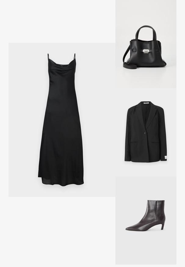 Svart blazer med notched lapel, enkel knappelukking, to frontlommer og en rektangulær merkelapp på ermet. Glatt tekstur.; Svart satin kjole med tynne stropper, cowl-hals og en flytende silhuett. Stoffet har en glatt, blank tekstur.; Svart lær ankelstøvlett med spiss tå og lav kitten hæl, jevn finish, glidelås på siden, vist på en nøytral bakgrunn.; Svart skinnveske med teksturert overflate, som har to håndtak på toppen, en avtagbar skulderrem og detaljer med sølvspenne.