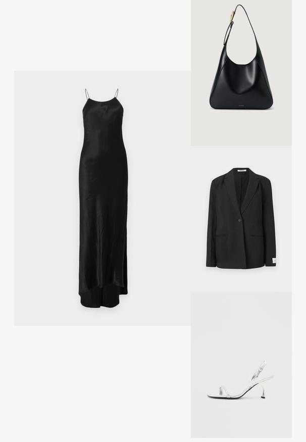 Black blazer with a notched lapel, single button closure, two front pockets, and a rectangular badge on the sleeve. Smooth fabric texture.; Black satin maxi dress with thin spaghetti straps, a fitted silhouette, and a side slit. Smooth texture with a subtle sheen.; Silver patent leather slingback high heel sandal with a narrow toe strap, adjustable buckle, and a slender heel.; Black leather shoulder bag with a smooth texture, curved silhouette, and a gold hardware accent. Features embossed brand logo at the base.