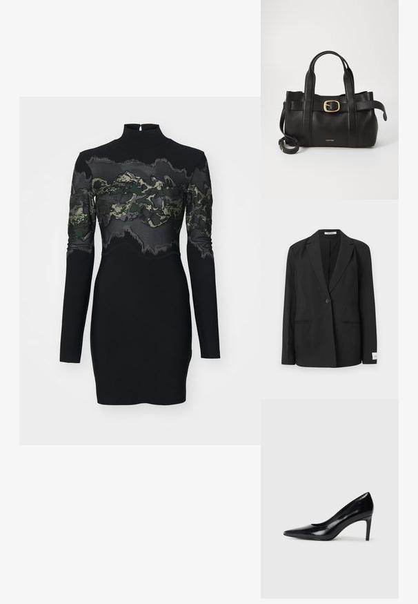 Melnā bleizeris ar iegrieztu apkakli, ar vienu pogu, divām priekšējām kabatām un taisnstūra nozīmi uz piedurknes. Gluda auduma tekstūra.; Melna kleita ar garām piedurknēm, ar augstu apkakli, caurspīdīgu kamuflāžas raksta augšdaļu ar tekstūrētu akcentu un pieguļošu siluetu.; Melnas ādas augstpapēžu kurpes ar norādītu purngali, gludu tekstūru un šauru papēdi. Minimālistisks dizains, bez papildu rotājumiem.; Melnas ādas rokassoma ar strukturētu dizainu, divām augšējām rokturām, zelta toņa sprādzes akcentu un iegravētu zīmola logo priekšpusē.