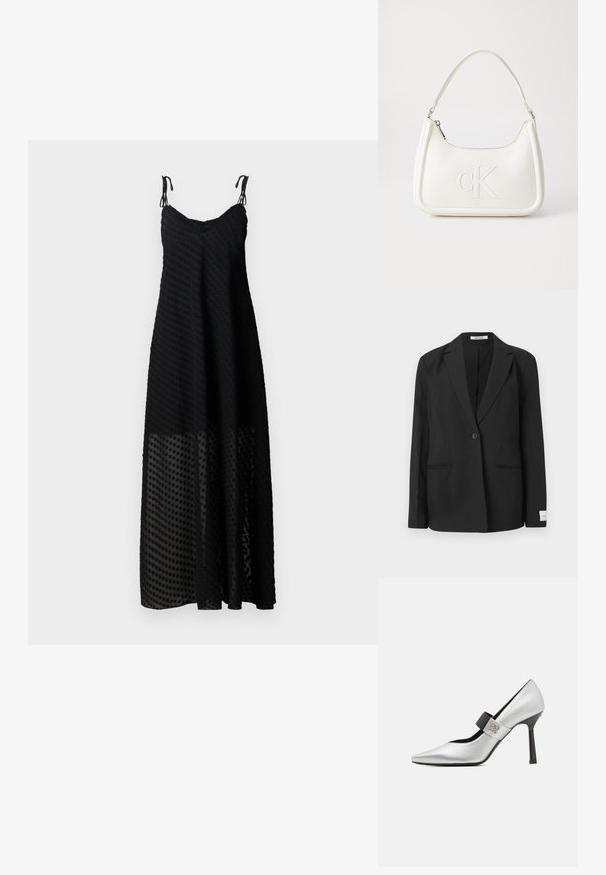 Blazer noir avec un col cranté, fermeture à un bouton, deux poches avant et un badge rectangulaire sur la manche. Texture de tissu lisse.; Robe maxi noire à spatules, avec un motif de pois texturé et un panneau inférieur transparent. Tissu léger, coupe décontractée.; Chaussure à talon haut en cuir argenté avec un petit orteil pointu, accent de sangle noire et finition brillante, présentant une silhouette élégante et un talon fin.; Sac à main en cuir blanc avec une forme courbée, arborant un logo "CK" embossé à l'avant et une seule bandoulière. Fermeture à glissière en haut.