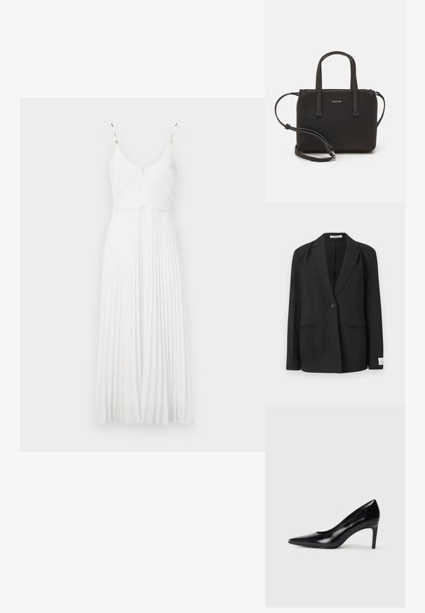 Musta bleiseri, jossa on hapsureunus, yksittäinen nappikiinnitys, kaksi etutaskua ja suorakulmainen merkki hihassa. Sileä kangasrunko.; Valkoinen poimutettu mekko ohuilla olkaimilla, V-pääntiellä ja teksturoidulla kankaalla. Mekossa on istuva vartalokappale ja laskostettu hamonen.; Mustat nahkakengät korkealla korolla, terävä kärki, sileä pinta ja kapeneva korko. Minimalistinen muotoilu, ei ylimääräisiä koristeita.; Musta käsilaukku, jossa on kaksinkertaiset lyhyet kahvat ja irrotettava olkahihna. Silkkinen nahkatunneinen materiaali, jossa on vetoketjukiinnitys ja logoyksityiskohta.