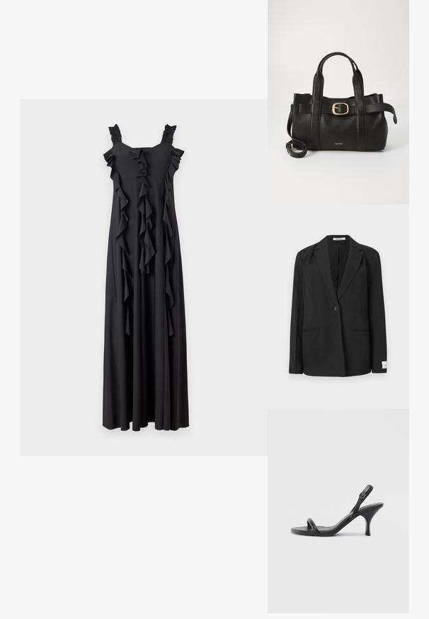 Svart blazer med notched lapel, enkel knappelukking, to frontlommer og en rektangulær merkelapp på ermet. Glatt tekstur.; Sort maxi kjole med volanger, firkantet hals og sammenrullede stropper. Laget av mykt stoff, med vertikale volanger nedover foran.; Sorte skinnhøye hæler med en slank, buet hæl og et kryssrem-design. Justerbar ankelrem. Glatt tekstur.; Svart lærveske med en strukturert design, doble topphåndtak, gullfarget spenneakent og preget merke-logo foran.