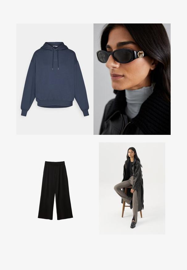 Czarna marynarka z klapami, zapinana na jeden guzik, z dwiema przednimi kieszeniami oraz prostokątną naszywką na rękawie. Gładka faktura materiału.; Granatowy sweatshirt z kapturem, przednia kieszeń typu kangur, ściągacze na rękawach i u dołu. Na klatce piersiowej wyszyty napis "BORG".; Czarne szerokie spodnie z wysokim stanem, z plisami, gładką fakturą i bez widocznych kieszeni ani ozdób.; Czarny skórzany trencz z guzikami i detalem pasa, w połączeniu z jasnobrązowymi dopasowanymi spodniami i czarnymi loafersami, siedzący na drewnianym stołku.; Czarne okulary przeciwsłoneczne o eleganckim, prostokątnym kształcie z logo w kolorze złotym na boku. Ciemne soczewki i błyszczące wykończenie są wyraźnie widoczne.