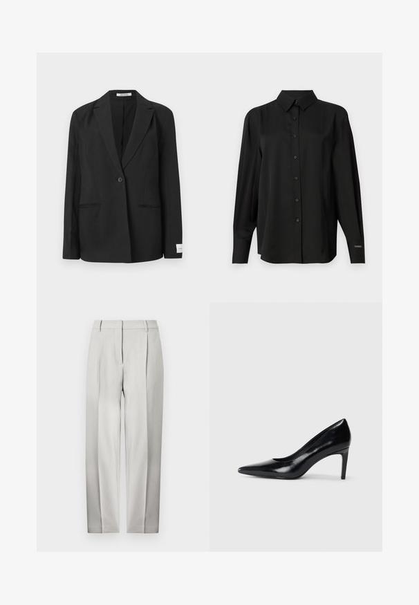 Melnā bleizeris ar iegrieztu apkakli, ar vienu pogu, divām priekšējām kabatām un taisnstūra nozīmi uz piedurknes. Gluda auduma tekstūra.; Melnā pogājamā krekls, izgatavots no gludas auduma, ar klasisku apkakli, garām piedurknēm un pielāgotu piegriezumu ar smalkām plecu detaļām.; Gaišpelēku piegrieztie bikses ar taisna piegriezuma dizainu, priekšējiem krokām un gludu tekstūru. Nav redzamu kabatu vai rotājumu.; Melnas ādas augstpapēžu kurpes ar norādītu purngali, gludu tekstūru un šauru papēdi. Minimālistisks dizains, bez papildu rotājumiem.
