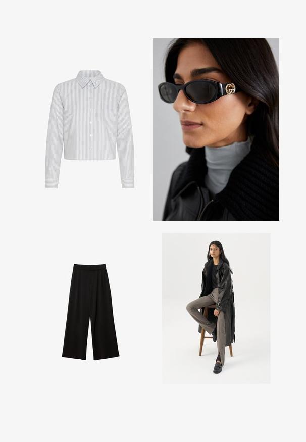 Musta bleiseri, jossa on hapsureunus, yksittäinen nappikiinnitys, kaksi etutaskua ja suorakulmainen merkki hihassa. Sileä kangasrunko.; Lyhenshirt i hvit med vertikale marineblå striper, med krage og en enkelt brystlomme. Lange ermer med mansjettdetalj.; Mustat löysät housut korkealla vyötäröllä, joissa on laskoksia, sileä pinta ja ei näkyviä taskuja tai koristeluja.; Musta nahkastakki, jossa on napit ja vyöyksityiskohtia, yhdistettynä vaaleanruskeisiin slim-fit-housuihin ja mustiin loafereihin, istuu puupenkillä.; Mustat aurinkolasit, joissa on tyylikäs suorakulmainen kehys ja kultainen logo-akkentti sivussa. Tumma linssit ja kiiltävä pinta ovat huomattavissa.