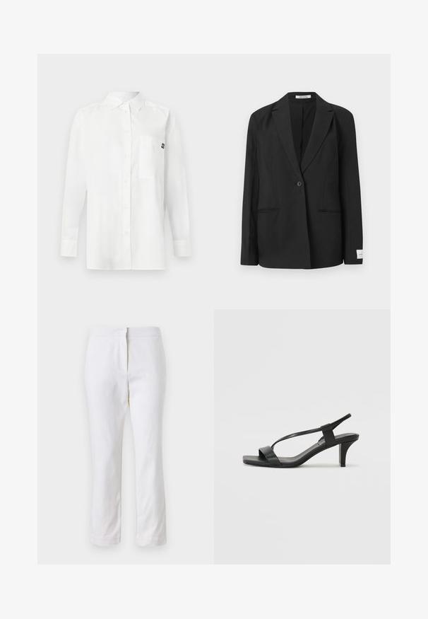 Černý blazer s klopu, jedním knoflíkovým zapínáním, dvěma předními kapsami a obdélníkovou nášivkou na rukávu. Hladká textura látky.; Bílá košile s dlouhým rukávem vyrobená z bavlněné směsi, která má límec na knoflíky, přední kapsu a malé černé logo na hrudi.; Bílé bavlněné kalhoty s rovnou nohavicou, s středně vysokým pasem a bez viditelných kovových prvků nebo vzorů. Hladká textura po celém povrchu.; Černé sandály na podpatku s úzkým páskem, čtveratou špičkou a středně vysokým blokovým podpatkem. Vyrobeny z hladké kůže s matným povrchem.