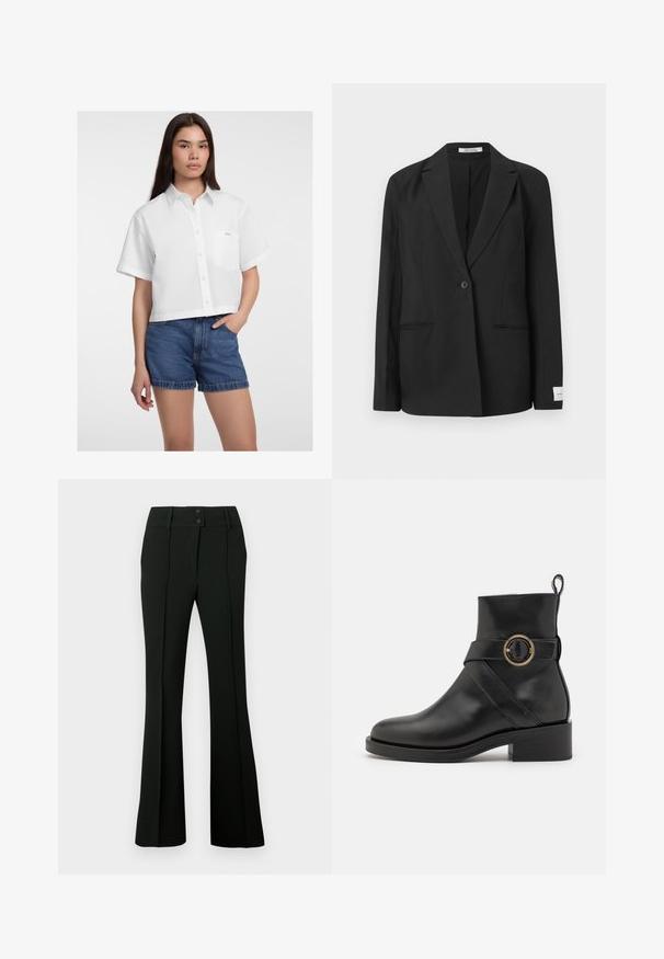 Black blazer with a notched lapel, single button closure, two front pockets, and a rectangular badge on the sleeve. Smooth fabric texture.; White cropped button-up shirt with short sleeves, featuring a left chest pocket and a smooth texture. Paired with denim shorts.; Black flared pants featuring a smooth fabric, high waistband with two buttons, and front pleats, providing a tailored appearance.; BOSS IRYNA BOOTIE - Platform ankle boots - black