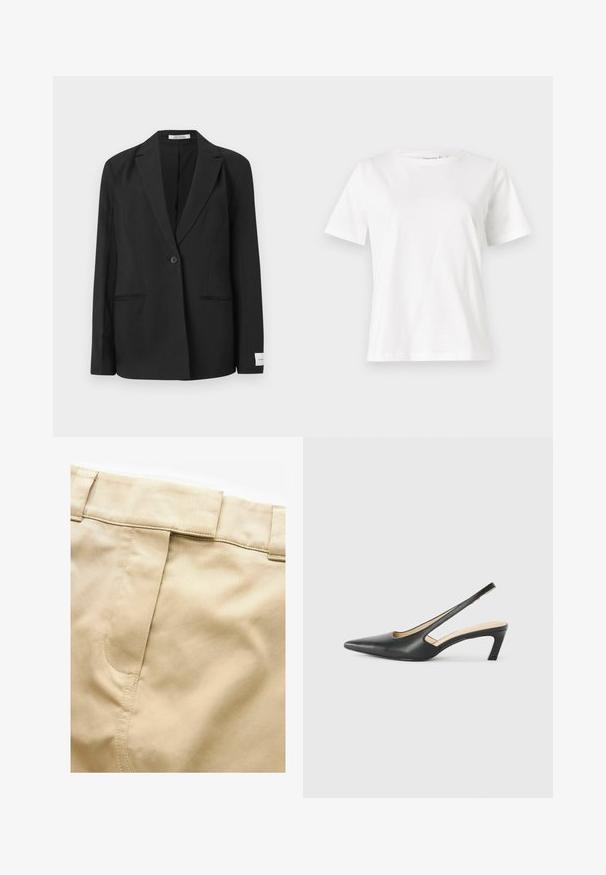 Černý blazer s klopu, jedním knoflíkovým zapínáním, dvěma předními kapsami a obdélníkovou nášivkou na rukávu. Hladká textura látky.; Bílý bavlněný tričko s krátkým rukávem, kulatým výstřihem a volnějším střihem. Hladká textura, bez vzorů nebo akcentů, minimalistický design.; Next UTILITY REGULAR FIT - Maxi sukně - stone; Černý špičatý slingback s nízkým podpatkem, vyrobený z hladké kůže, s výřezem na boku pro lepší prodyšnost.