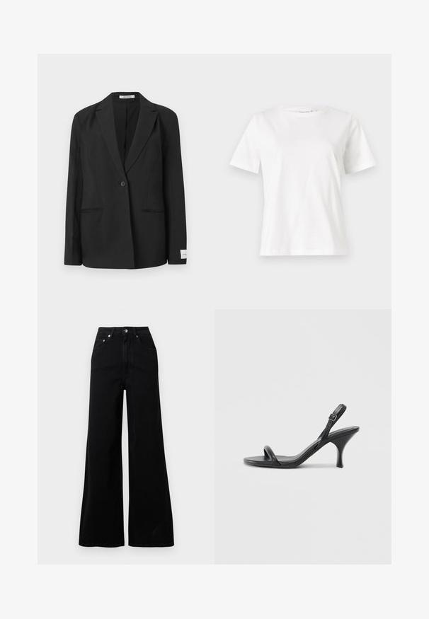 Blazer preto com lapela ponta de faca, fecho de botão único, dois bolsos frontais e um crachá retangular na manga. Textura de tecido suave.; T-shirt de algodão branco com mangas curtas, decote redondo e um corte descontraído. Textura suave, sem padrões ou detalhes, design minimalista.; Jeans pretos de ganga com perna larga, cintura alta, cinco bolsos, fecho frontal de botões e detalhes mínimos de costura.; Sandálias de salto alto em couro preto com um salto curvado e fino e um design de tiras cruzadas. Correia ajustável no tornozelo. Textura suave.