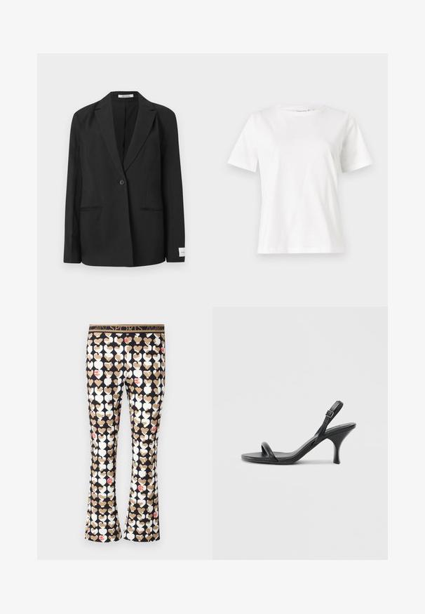Zwart blazer met een gelapte revers, enkele knoopsluiting, twee voorzakken en een rechthoekige badge op de mouw. Soepele stofstructuur.; Witte katoenen t-shirt met korte mouwen, ronde halslijn en een ontspannen pasvorm. Gladde textuur, geen patronen of accenten, minimalistisch ontwerp.; Marc Cain Broek - navy; Zwarte leren sandalen met hoge hakken, een slanke, gebogen hak en een gekruist bandontwerp. Verstelbare enkelband. Soepele textuur.