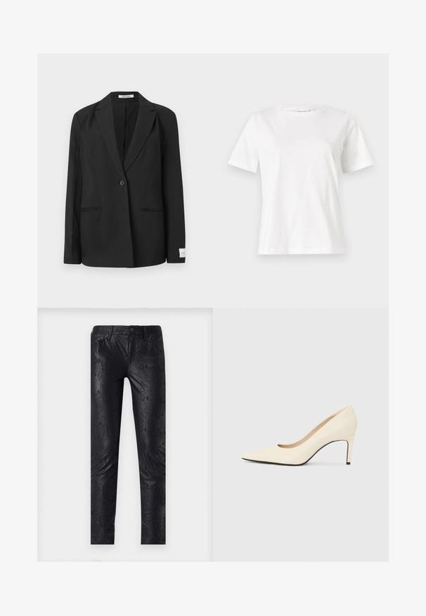 Svart blazer med notched lapel, enkel knappelukking, to frontlommer og en rektangulær merkelapp på ermet. Glatt tekstur.; Hvit bomull t-skjorte med korte ermer, rund hals og avslappet passform. Glatt tekstur, ingen mønstre eller detaljer, minimalistisk design.; Svarte faux lærbukser med slangerutemønster, slim-fit design og standard fem-lomme styling med knappelukking.; Hvit lær høyhælte pumps med spiss tå, glatt tekstur og svart såle. Klassisk design med moderat helhøyde.