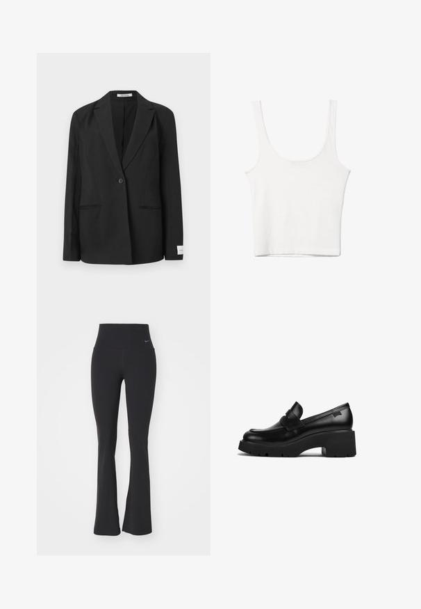 Sort blazer med spids revers, enkelt knaplukning, to forlommer og et rektangulært badge på ærmet. Glat stoftekstur.; Hvid bomulds tanktop med en rundet halsudskæring, uden ærmer og en tætsiddende pasform. Glat tekstur, ensartet design og minimale syninger.; Sorte yogabukser med høj talje, lavet af strækbart stof. Har en flagrende design og et lille Nike-logo ved taljen.; Sorte læder loafers med chunky hæl, tyk sål og en remdetalje henover, vist fra siden på en hvid baggrund.