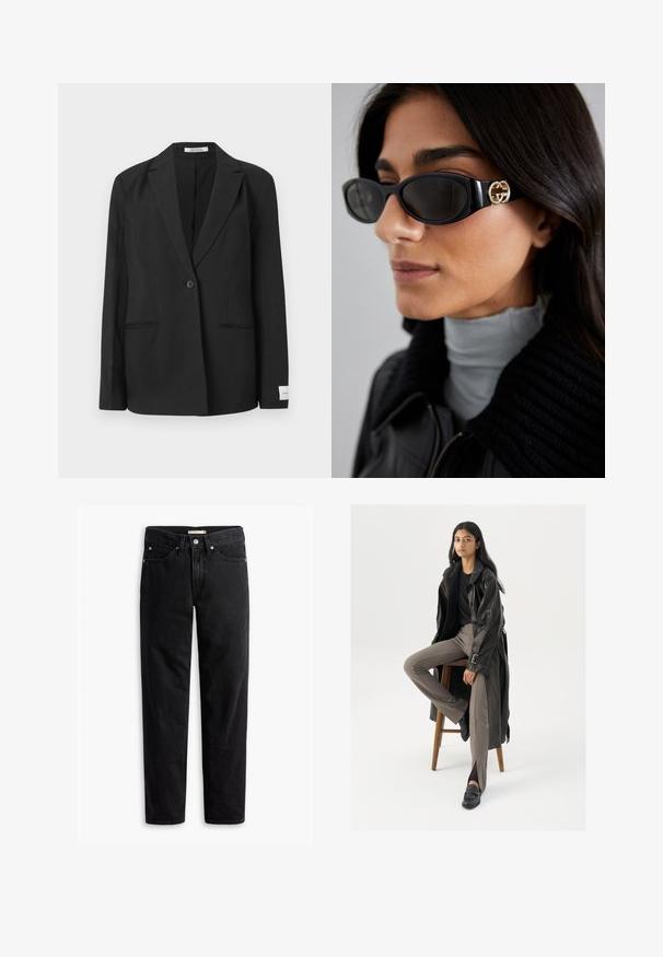 Schwarze Blazer mit Reverskragen, einreihigem Knopfverschluss, zwei vorderen Taschen und einem rechteckigen Abzeichen am Ärmel. Glatte Stoffstruktur.; Weißes Baumwoll-Top mit Rundhalsausschnitt, ohne Ärmel und figurbetontem Schnitt. Glatte Textur, schlichtes Design und minimale Nähdetails.; Schwarze gerade Jeans mit Knopf- und Reißverschluss, Gürtelschlaufen sowie Vorder- und Gesäßtaschen, auf weißem Hintergrund flach präsentiert.; Schwarzer Leder-Trenchcoat mit Knöpfen und Gürtel-Detail, kombiniert mit hellbraunen, taillierten Hosen und schwarzen Slippern, sitzt auf einem Holzschemel.; Schwarze Sonnenbrille mit einem schlanken rechteckigen Rahmen und einem goldenen Logo-Akzent an der Seite. Dunkle Gläser und glänzende Oberfläche sind auffällig.