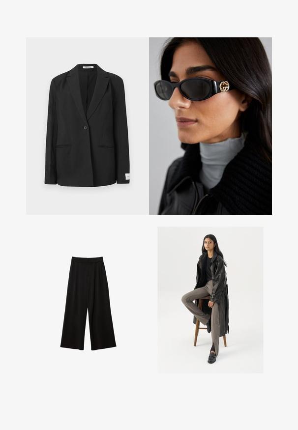 Zwart blazer met een gelapte revers, enkele knoopsluiting, twee voorzakken en een rechthoekige badge op de mouw. Soepele stofstructuur.; Witte katoenen tanktop met een ronde halslijn, zonder mouwen en een getailleerde vorm. Soepele textuur, eenvoudig ontwerp en minimale stikdetails.; Zwarte wijde broek met hoge taille, voorzien van plooien, een gladde textuur en zonder zichtbare zakken of versieringen.; Zwarte leren trenchcoat met knopen en riemdetails, gecombineerd met lichtbruine getailleerde broek en zwarte loafers, zittend op een houten kruk.; Zwarte zonnebril met een stijlvolle rechthoekige montuur en een gouden logo-accent aan de zijkant. Donkere lenzen en een glanzende afwerking zijn opvallend.