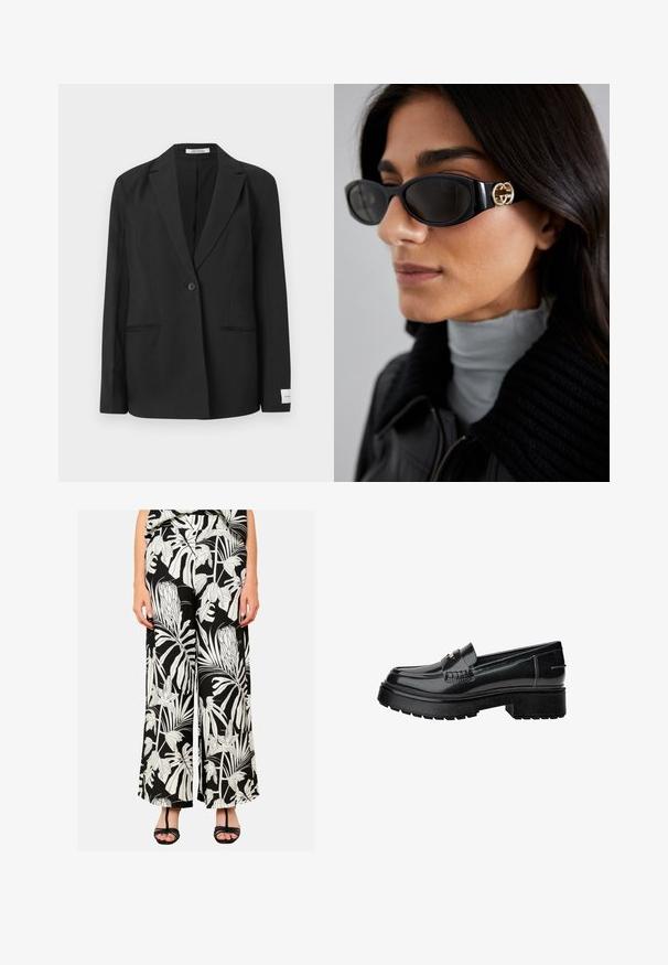 Čierny sako s klopovým golierom, jedným gombíkom, dvoma prednými vreckami a obdĺžnikovou nášivkou na rukáve. Hladká textúra tkaniny.; Biely bavlnený top bez rukávov s okrúhlym výstrihom a priliehavým strihom. Hladká textúra, jednoduchý dizajn a minimálne švy.; LolaLiza WIDE WITH TROPICAL PRINT - Nohavice - black; Čierne lakované kožené mokasíny s robustnou podrážkou, ozdobným pásikom a jemným prešívaním. Gumený povrch na spodnej časti.; Čierne slnečné okuliare s elegantným obdĺžnikovým rámom a zlatým logom na boku. Tmavé šošovky a lesklý povrch sú výrazné.; Čierna kožená kabelka s akcentmi zlatého hardvéru, s podpisovým zapínaním, odnímateľným ramenným popruhom a štruktúrovaným povrchom.