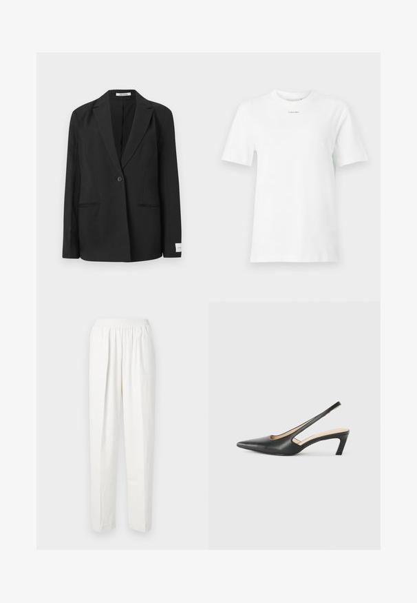 Melnā bleizeris ar iegrieztu apkakli, ar vienu pogu, divām priekšējām kabatām un taisnstūra nozīmi uz piedurknes. Gluda auduma tekstūra.; Balta kokvilnas T-krekls ar apaļu apkakli, īsām piedurknēm un mazu melnu "Calvin Klein" logotipu uz krūtīm. Vienkāršs dizains, bez rakstiem.; Baltas elastīgs vidukļa bikses ar taisnu kāju piegriezumu, ar mīkstu materiālu un smalkiem priekšējiem krokām, kas piešķir papildu faktūru un dizaina detaļas.; Melna, ar smailu purngalu, slingback kurpe ar zemu papēdi, izgatavota no gludas ādas materiāla un ar izgriezumiem sānos gaisa caurlaidībai.