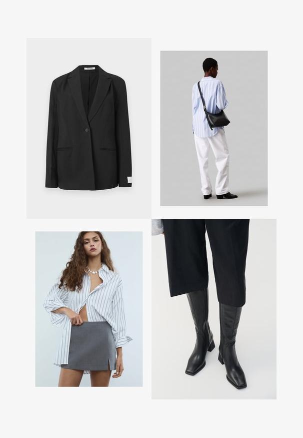 Čierny sako s klopovým golierom, jedným gombíkom, dvoma prednými vreckami a obdĺžnikovou nášivkou na rukáve. Hladká textúra tkaniny.; Biely bezrúchový pletený top s okrúhlym výstrihom, rebrovaným lemom a bočnými švami; má malú označkovanú etiketu na spodnej časti.; Mladá žena s dlhými kučeravými vlasmi, oblečená v bielej oversized košeli s prúžkami, sivej mini sukni s predným rozparkom a náhrdelníkom v tvare hviezdy.; Čierne kožené čižmy po kolená so štvorcovou špičkou a blokovým podpätkom. Obsahujú bočný zips a hladký povrch.; Čierna kožená ramenná taška so mäkkou textúrou, trojuholníkovým tvarom a nastaviteľným popruhom, skombinovaná s svetlomodrou pruhovanou košeľou a bielymi nohavicami.