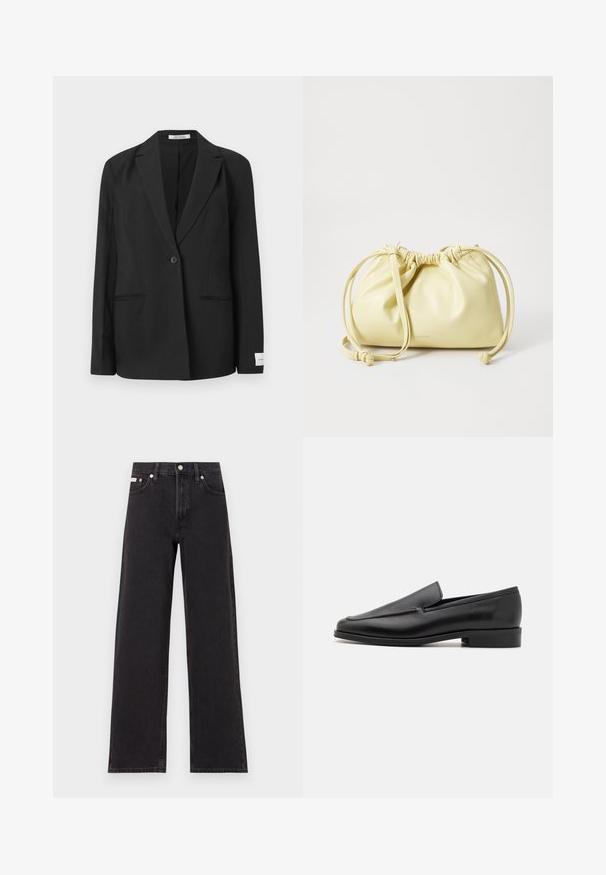 Melnā bleizeris ar iegrieztu apkakli, ar vienu pogu, divām priekšējām kabatām un taisnstūra nozīmi uz piedurknes. Gluda auduma tekstūra.; Balta īsām piedurknēm T-krekls, izgatavots no kokvilnas, ar apaļu kakla izgriezumu. Gluda tekstūra un taisna piegriezuma, bez rakstiem vai akcentiem.; Melni platmalu džinsi, kas izgatavoti no denima, ar augstu vidukli, piecu kabatu dizainu un metāla pogas aizdari ar kontrastējošu šuvumu.; Melnas ādas loafers ar noapaļotu pirkstu, gludu apdari, smalkām šuvēm un zemu, masīvu papēdi. Plakanu zoli dizains komfortam.; Dzeltena ādas soma ar savilkšanas dizainu, regulējamu auklu aizdari un vienu garu siksnu. Minimāla zīmola identifikācija apakšā.