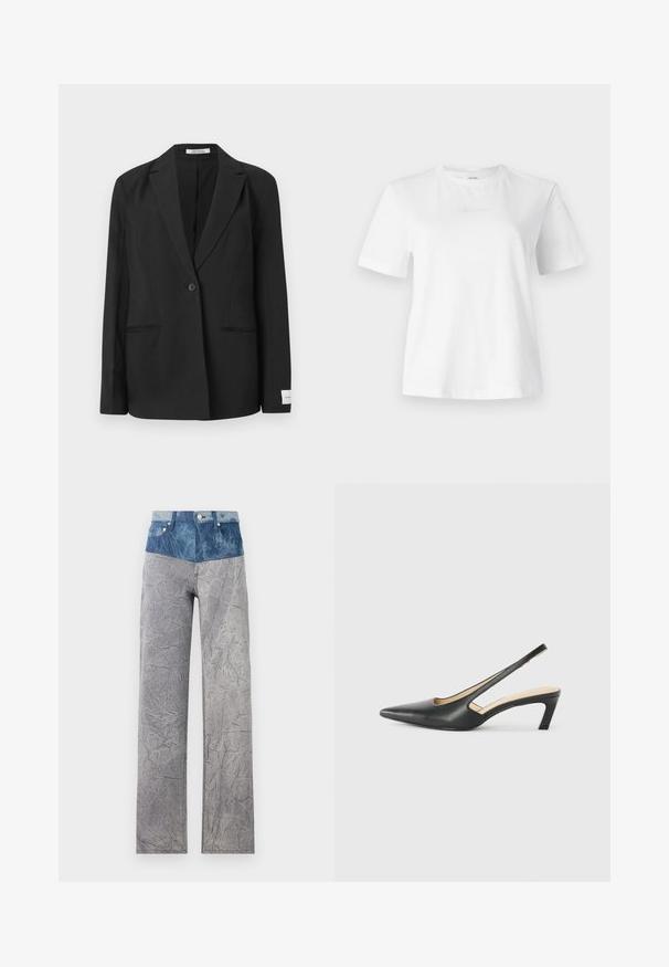 Blazer nero con rever a punta, chiusura a un bottone, due tasche frontali e una piastrina rettangolare sulla manica. Tessuto dalla superficie liscia.; T-shirt bianco in cotone con maniche corte, scollo rotondo e un sottile logo in rilievo di Calvin Klein sul davanti. Tessuto liscio, vestibilità classica.; Pantaloni in denim con un alto cinturino blu chiaro che si trasforma in un corpo grigio sgualcito. Presentano tasche standard e chiusure con bottone.; Scarpa slingback nera con punta affilata e tacco basso, realizzata in pelle liscia e con un design a taglio laterale per favorire la traspirabilità.