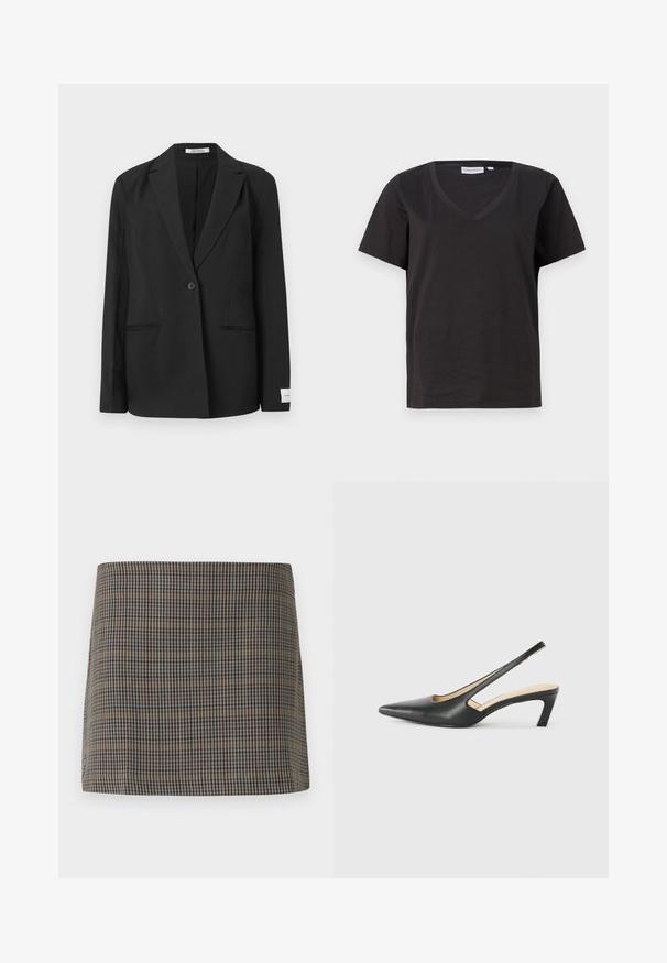 Blazer nero con rever a punta, chiusura a un bottone, due tasche frontali e una piastrina rettangolare sulla manica. Tessuto dalla superficie liscia.; T-shirt in cotone nero con scollo a V e maniche corte. Design semplice con vestibilità regolare, senza motivi o dettagli.; Gonna mini a scacchi con tonalità marroni, beige e blu navy, caratterizzata da una texture liscia e un taglio dritto, progettata senza chiusure visibili.; Scarpa slingback nera con punta affilata e tacco basso, realizzata in pelle liscia e con un design a taglio laterale per favorire la traspirabilità.