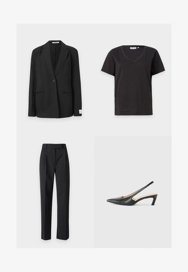 Musta bleiseri, jossa on hapsureunus, yksittäinen nappikiinnitys, kaksi etutaskua ja suorakulmainen merkki hihassa. Sileä kangasrunko.; Musta puuvillainen T-paita, jossa on V-kaula-aukko ja lyhyet hihat. Yksinkertainen muotoilu, säännöllinen istuvuus ilman kuvioita tai koristeita.; Musta housut suoranlahkeisella suunnittelulla, valmistettu sileästä kankaasta. Ominaisuuksiin kuuluu litteä etuosa, vyölenkit ja klassinen leikkaus.; Musta, kärjeltään terävä slingback-kengä, jossa on matala korko. Kengässä on sileä nahkamateriaali ja sivuilla leikkaukset hengittävyyttä varten.