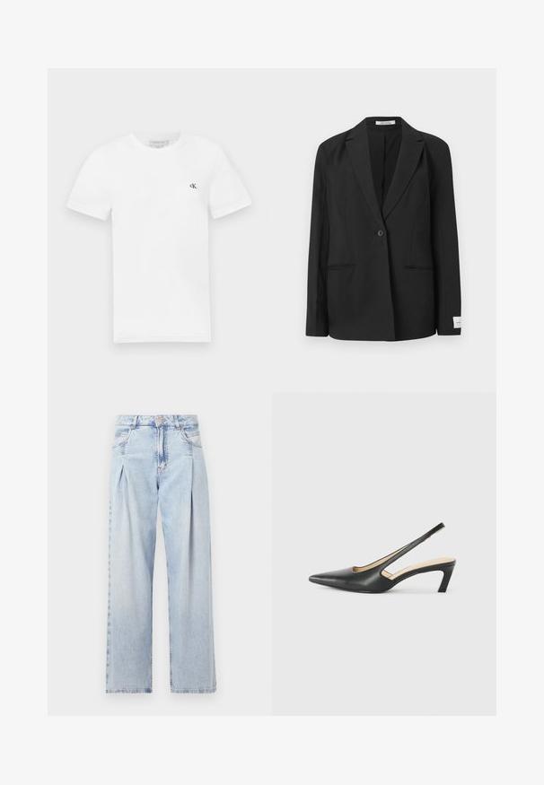 Black blazer with a notched lapel, single button closure, two front pockets, and a rectangular badge on the sleeve. Smooth fabric texture.; White cotton t-shirt with short sleeves and a round neckline. Features a small black "ck" logo on the left chest. Smooth texture.; Light blue denim jeans with a high waist, wide-leg cut, two side pockets, and pleated design feature. Soft texture with a faded finish.; Black pointy-toed slingback shoe with a low heel, featuring smooth leather material and cut-out design on the side for breathability.