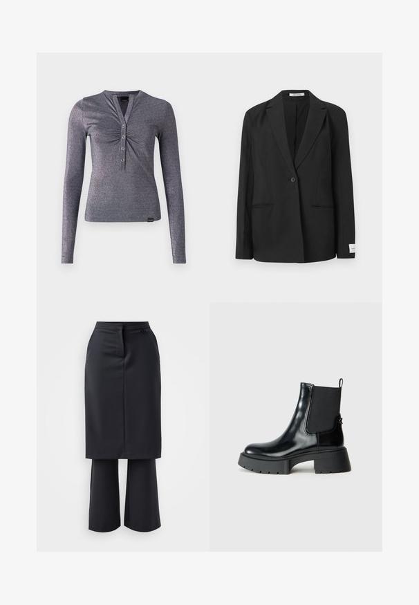 Black blazer with a notched lapel, single button closure, two front pockets, and a rectangular badge on the sleeve. Smooth fabric texture.; Long-sleeve, fitted top in metallic grey ribbed fabric with a henley-style neckline and three decorative buttons at the front.; Black tailored skirt with front pleats, featuring an attached wide-leg pant underneath. Smooth texture and minimalistic design with a side button.; Black ankle boots made of shiny leather with elastic side panels, a pull tab, and a chunky rubber sole featuring a textured tread pattern.