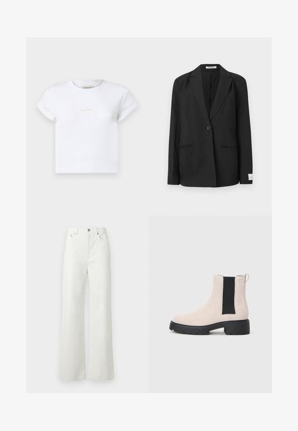 Musta bleiseri, jossa on hapsureunus, yksittäinen nappikiinnitys, kaksi etutaskua ja suorakulmainen merkki hihassa. Sileä kangasrunko.; Valkoinen puuvillainen lyhythihainen t-paita, jossa on hienovarainen kultainen "Calvin Klein" -logo edessä ja pyöreä pääntie.; Samsøe Samsøe SHELLY - Relaxed fit -farkut - clear cream; Beige mokkasini Chelsea-bootit mustalla elastisella sivupaneelilla, paksulla mustalla pohjalla ja vetolenkillä nilkassa.