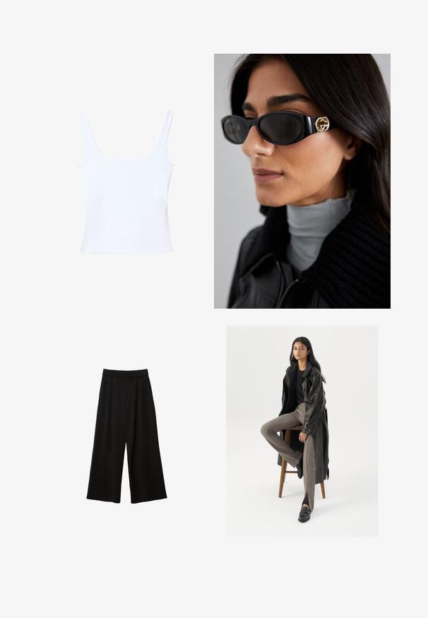 Musta bleiseri, jossa on hapsureunus, yksittäinen nappikiinnitys, kaksi etutaskua ja suorakulmainen merkki hihassa. Sileä kangasrunko.; Valkoinen toppi, jossa on neliönmuotoinen kaula-aukko, leveät olkaimet ja vartalonmyötäinen leikkaus. Valmistettu sileästä, joustavasta kankaasta mukavuutta varten.; Mustat löysät housut korkealla vyötäröllä, joissa on laskoksia, sileä pinta ja ei näkyviä taskuja tai koristeluja.; Musta nahkastakki, jossa on napit ja vyöyksityiskohtia, yhdistettynä vaaleanruskeisiin slim-fit-housuihin ja mustiin loafereihin, istuu puupenkillä.; Mustat aurinkolasit, joissa on tyylikäs suorakulmainen kehys ja kultainen logo-akkentti sivussa. Tumma linssit ja kiiltävä pinta ovat huomattavissa.