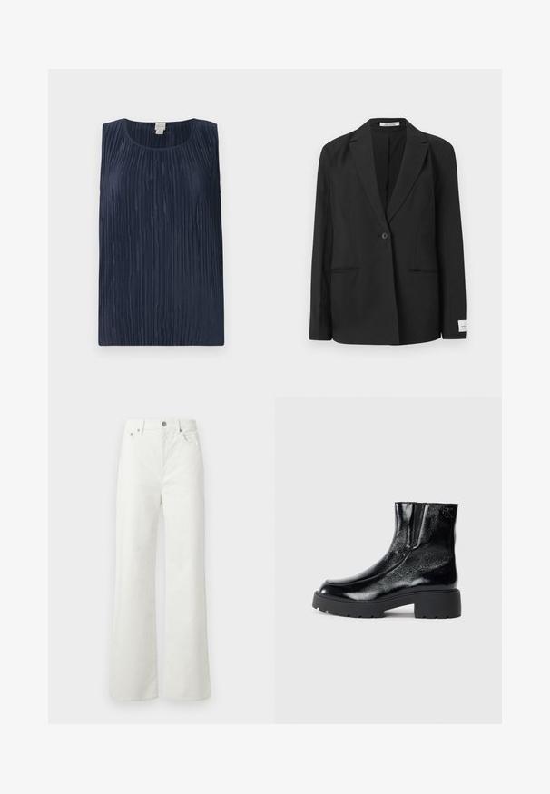 Black blazer with a notched lapel, single button closure, two front pockets, and a rectangular badge on the sleeve. Smooth fabric texture.; Navy blue sleeveless top featuring a textured pleated design, round neckline, and soft, smooth fabric. No visible hardware or embellishments.; Samsøe Samsøe SHELLY - Relaxed fit jeans - clear cream; Black ankle boots with a glossy patent leather finish, chunky black rubber sole, and raised heel; includes subtle logo detail on the side.