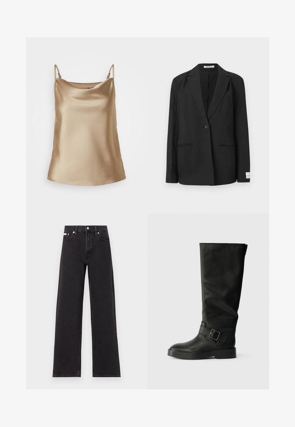 Černý blazer s klopu, jedním knoflíkovým zapínáním, dvěma předními kapsami a obdélníkovou nášivkou na rukávu. Hladká textura látky.; Saténová košilka ve světle béžové barvě s tenkými ramínky a jemně splývavým výstřihem, s hladkým a lesklým povrchem.; Černé široké jeansy vyrobené z denimu, s vysokým pasem, pěti kapsami a kovovým zapínáním s kontrastním prošíváním.; Černé kozačky do výšky kolen vyrobené z hladké kůže, s kulatou špičkou, silnou podešev a vodorovným popruhem se čtvercovou sponou.