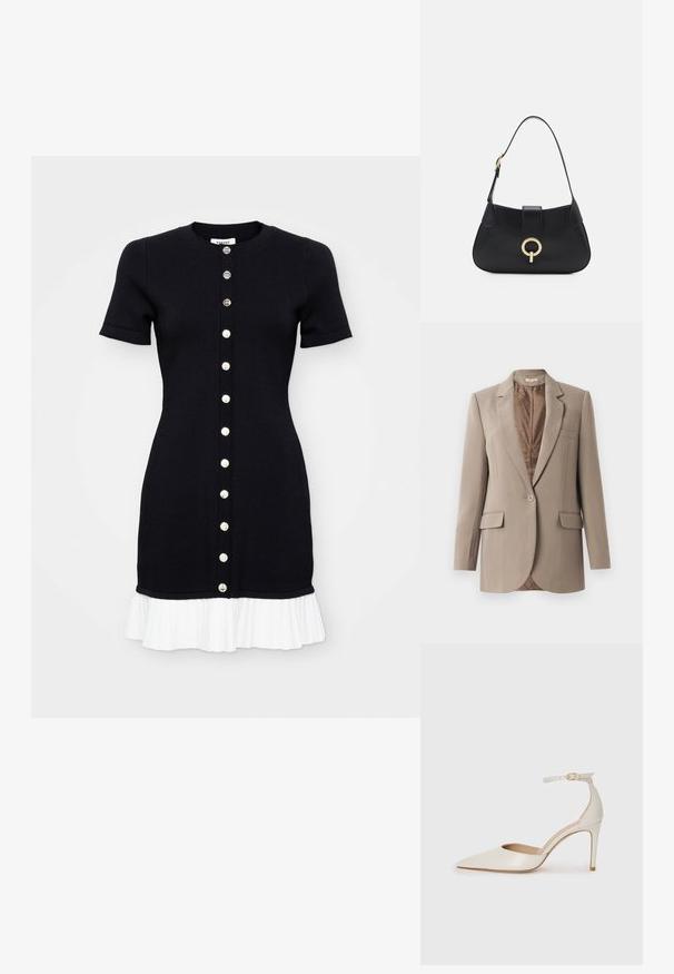 Kreminė švarkas, pagamintas iš lygaus audinio, su įpjovytu atvartu, vienu mygtuko uždarymu ir dviem priekinėmis kišenėmis, su kontrastine ruda pamušalu.; Juodas megztas suknelė trumpomis rankovėmis, apvaliu kaklu ir balta klostuota apatine dalimi. Yra priekinis mygtukų uždarymas su kontrastingais mygtukais.; Balti odiniai aukštakulniai batai su smailiu priekiniu galu, kulkšnies dirželiu ir siauru stiletu. Lygi tekstūra su subtiliu blizgiu paviršiumi.; Juoda odinė rankinė su kreiva siluetu, trumpa rankena, centriniu auksinės spalvos apdailos elementu ir lygiomis tekstūromis. Nėra matomų raštų ar akcentų.