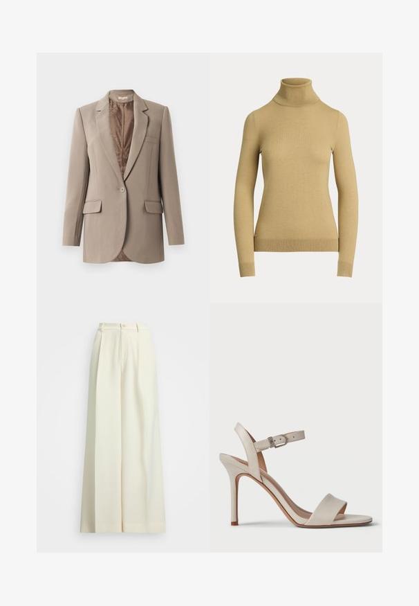 Bež sako napravljen od glatkog materijala, s reverom ušicem, zatvaranjem na jedan dugme i dva prednja džepa, s kontrastnom smeškom podstavom.; Pulover s visokim ovratnikom u svijetlo bež boji, napravljen od glatke, meke pletenine. Ima duge rukave i prilagođen siluetu s rebrastim rubom.; Hlače širokih nogavica u boji slonovače, s visokim strukom, dvostrukim nabranicama i zatvaranjem na dugme. Glatka tekstura i kroj po mjeri.; Bež sandala na visoku petu s glatkom kožnom površinom, otvorenim prstima, širokom prednjom trakom i podesivom čičak trakom oko gležnja s metalnom kopčom.