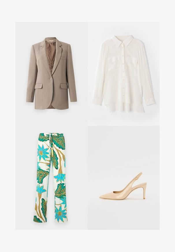 Beige blazer gemaakt van zachte stof, met een notch-kraag, enkele knoopsluiting en twee voorzakken, met een contrasterende bruine voering.; Witte overhemd met knopen, gemaakt van lichtgewicht stof. Heeft een klassieke kraag, twee borstzakken en een iets langere achterkant.; Bloemmotieven broek met blauwe bloemen en groene bladeren op een crèmekleurige achtergrond; het materiaal lijkt glad met een ontspannen pasvorm.; Nude gepatineerd leren slingbackhak met een spitse neus, open vamp en een dunne stilettohak. Bevat een ronde gouden accent op de band.