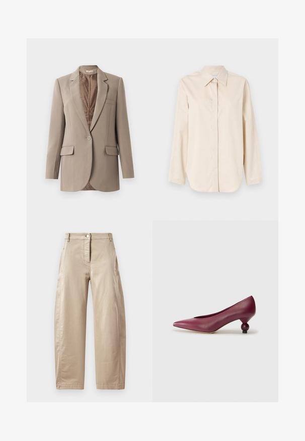 Beige bleizers, kas izgatavots no gludas auduma, ar izgrieztu atlokni, vienas pogas aizdari un divām priekšējām kabatām, ar kontrastējošu brūnu oderi.; Gai bēšs garām piedurknēm krekls, izgatavots no gludas kokvilnas, ar klasisku apkakli, pilnu pogu aizdari un brīvu piegriezumu. Bez rakstiem vai akcentiem.; Beige platās kājas bikses, kas izgatavotas no gluda kokvilnas auduma, ar priekšējo pogu aizdari, sānu kabatām un redzamām šuvēm.; Burgundijas ādas kurpes ar smailu purngalu un unikālu apaļu papēdi. Gluda tekstūra ar minimālistisku dizainu un bez redzamām rakstām.