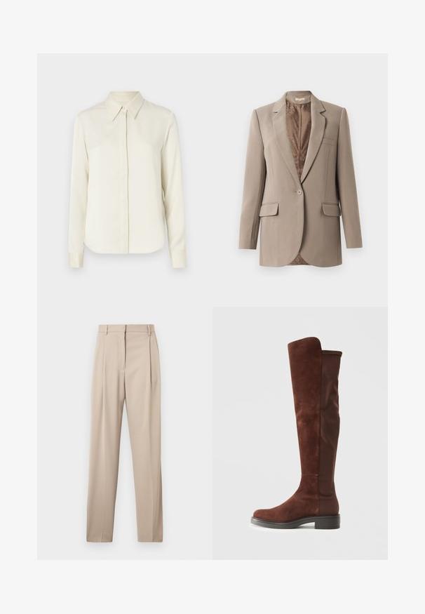 Beige bleiser, mis on valmistatud siledast kangast, millel on lõigatud krae, üksnuppuline kinnitamine ja kaks esist pockets, kontrastse pruuniga vooder.; Tiger of Sweden CELSA - Nööpidega pluus - ivory white; Bežid kohandatud püksid sirge säärega, mille esiosas on voldid ja nööriaugud, valmistatud siledast kangast.; Pikk pruunist nahast ja kangast saabas madala musta kandiga ja ümarate varvastega, nähtav külgvaates lihtsal valgel taustal.