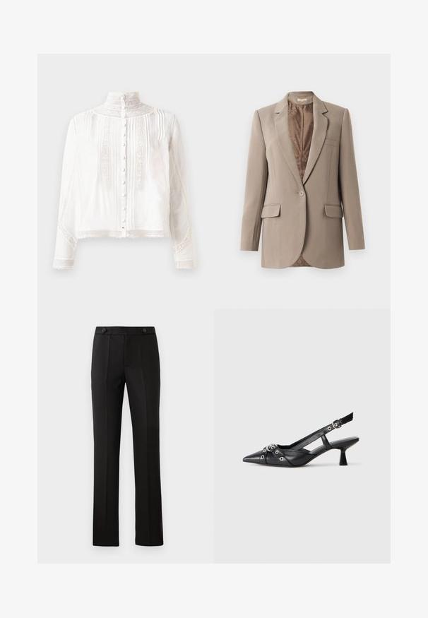 Sima anyagból készült bézs blézer, amelynek csúcsos hajtókája, egy gombos zárása és két elülső zsebe van, kontrasztos barna béléssel.; Fehér blúz magas nyakkal, hosszú ujjakkal, függőleges pliszírozással, csipke díszítésekkel és gombos zárással elöl. Könnyű anyag, félig áttetsző textúrával.; Fekete, szabott nadrág egyenes lábbal, két elülső zsebbel, gombos záródással és plisszé részletezéssel elöl. Simább anyagú textúra.; Fekete bőr slingback cipő hegyes orral, dekoratív pántokkal, fém szemekkel és alacsony blokk sarkú. Texturált felület.