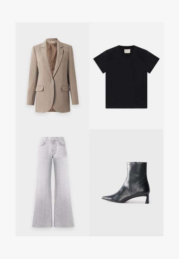 Blazer bege feito de tecido suave, com lapela com recortes, fecho de um único botão e dois bolsos frontais, com forro castanho em contraste.; Camiseta preta de manga curta com decote redondo e uma etiqueta branca dentro do colarinho rotulada "D.R.C. EST. 2002" sobre um fundo branco.; Jeans de perna larga cinzentos em denim desbotado, com cintura alta, cinco bolsos e barras desconstruídas. O tecido tem uma textura suave e variações de lavagem subtis.; Bota de tornozelo em pele preta com biqueira apontada e um design elegante. Apresenta um salto baixo e um fecho com zipper na parte de trás. Textura suave.