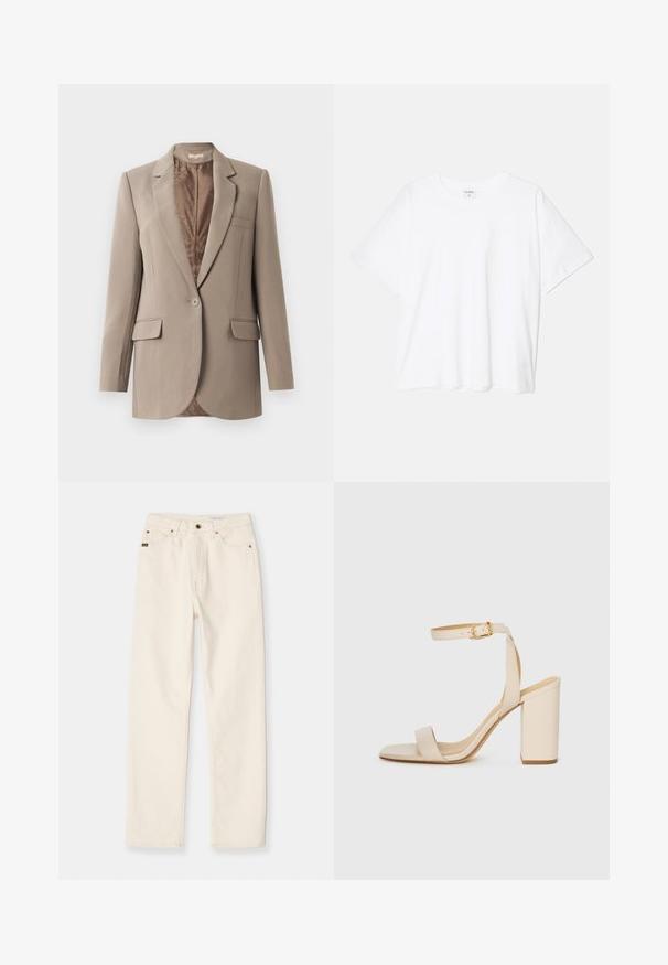 Beige blazer laget av glatt stoff, med slagkrage, enslig knappelukking, og to frontlommer, med en kontrasterende brun fôr.; Hvit bomulls t-skjorte med korte ermer, rund hals, avslappet passform og sydd kant. Merke synlig på innsiden av halsen.; Hvite denim jeans med rett snitt, fem lommer og synlig søm. Har knapp- og glidelåslukking, med merkeetikett detaljer.; Beige høyhælte sandaler med firkantet tå, tynn ankelrem og blokk hæl. Glatt skinntekstur med gullspenne detaljer.