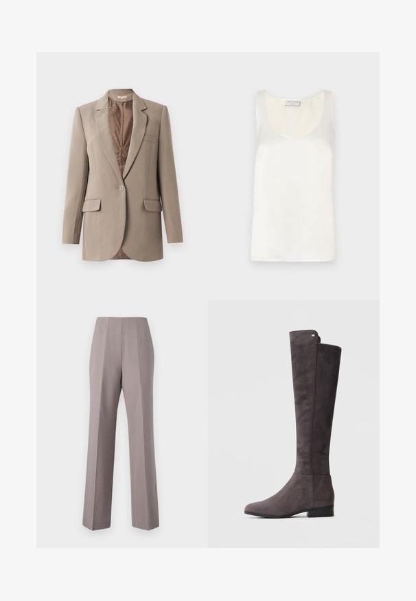 Sima anyagból készült bézs blézer, amelynek csúcsos hajtókája, egy gombos zárása és két elülső zsebe van, kontrasztos barna béléssel.; Fehér selymes ujjatlan top, kerek nyakkivágással és sima felülettel, finom fényvédelemmel és letisztult élekkel.; Szürke, csinos nadrág magas derékkal, széles lábakkal és éles elülső pliszékkel. Simaságú anyagból készült, tiszta szélekkel és látható hardver nélkül.; Sötétszürke velúr térdig érő csizma alacsony sarkakkal és diszkrét fényes logóval a tetején, sima világos háttér előtt.