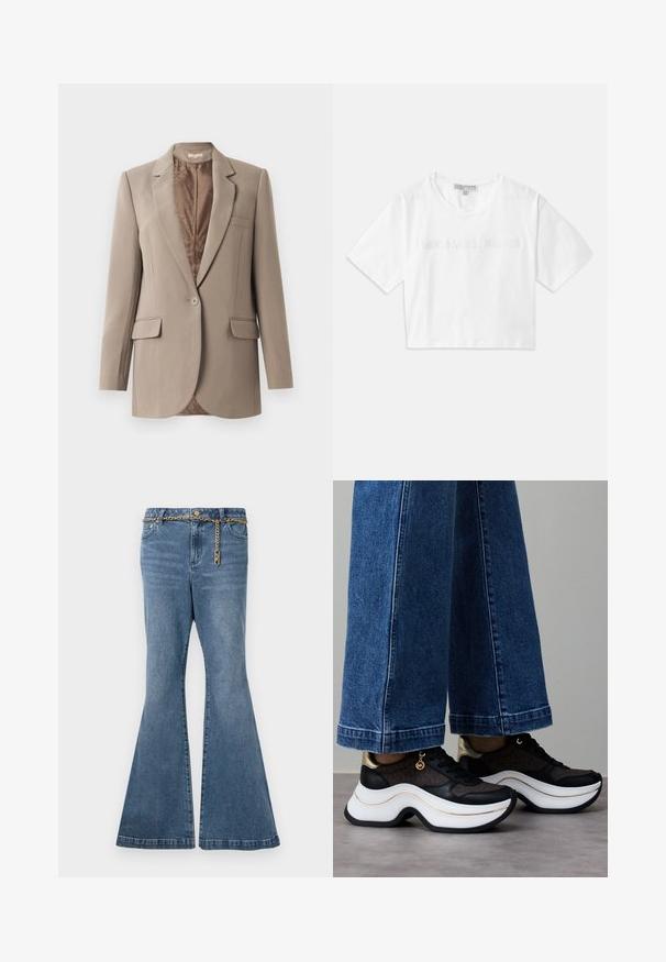 Blazer beige en tissu lisse, avec un revers à cran, fermeture à un bouton, et deux poches avant, avec une doublure marron contrastante.; T-shirt blanc court en coton, avec des manches courtes et le logo "MICHAEL KORS" brodé ton sur ton à l'avant.; Jean flare en denim délavé moyen, avec un détail en chaîne dorée à la taille et une conception standard à cinq poches.; Baskets noires et dorées avec une semelle blanche incurvée. Tissu texturé avec des accents de logo. Associées à un pantalon en denim bleu large.